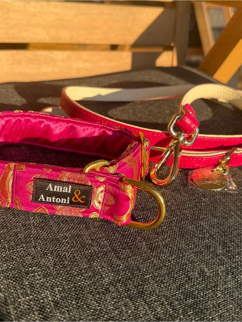 Luxury hand made dog collar and Italian leather handmade leash. Pink and gold